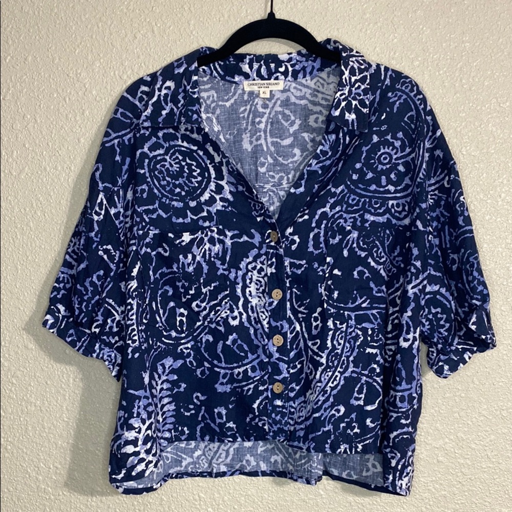 Cristian Siriano Linnen Blend Navy Blue Patterned Top NWOT SIze XL